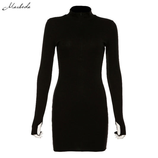 Macheda Autumn Winter Stretch Slim Soft Ribbed Knitted Turtleneck Dress Woman Fashion Solid Black Casual Bodycon Zip Dress